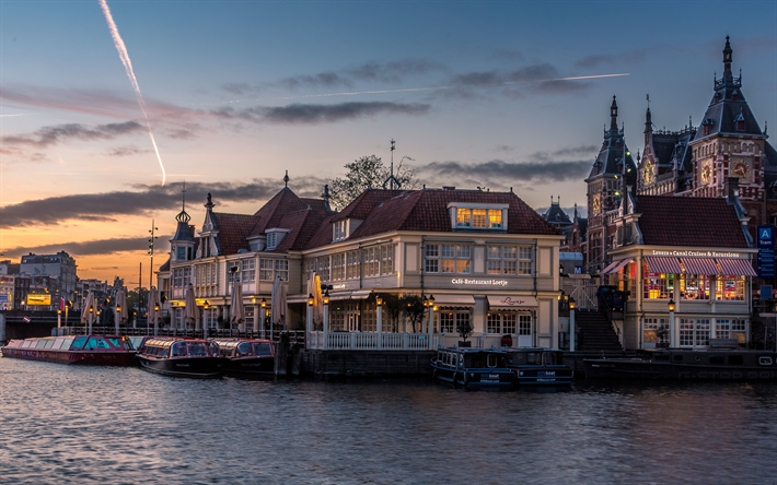 Amsterdam, evening, sunset, quay, boats, lights, canal, Netherlands, Holland