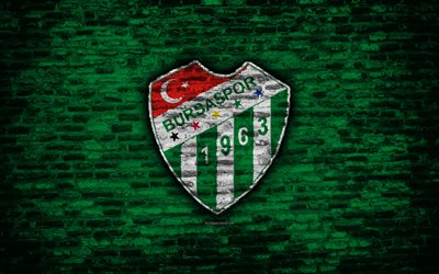 4k, Bursaspor FC, logo, Turkey, brick wall, Super Lig, soccer, football club, Bursaspor, brick texture, football, FC Bursaspor