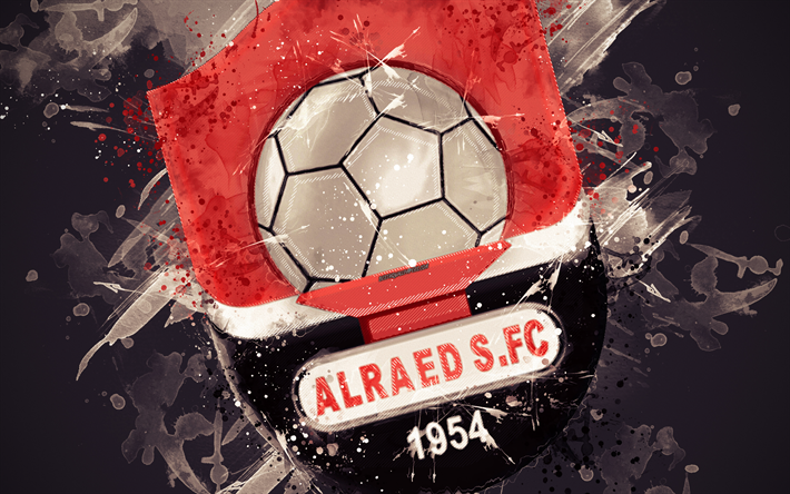 Al-Raed FC, 4k, pintura, arte, logotipo, creativo, Arabia saudita equipo de f&#250;tbol, Liga Profesional Arabia, emblema, color negro de fondo, estilo grunge, Buraydah, Arabia Saudita, f&#250;tbol
