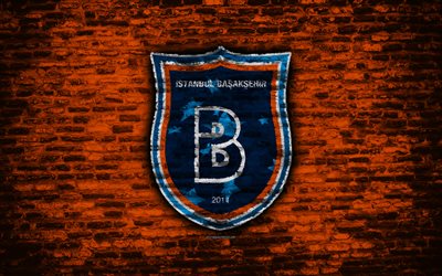 4k, Basaksehir FC, logo, Turkey, brick wall, Super Lig, soccer, football club, Basaksehir, brick texture, football, FC Basaksehir