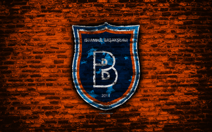 4k, Basaksehir FC, logo, Turkey, brick wall, Super Lig, soccer, football club, Basaksehir, brick texture, football, FC Basaksehir