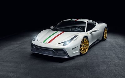 Ferrari 458 Speciale, 2018, White 458, Scuderia, Italia, gold wheels, white sports coupe, supercar, Italian sports cars, Ferrari