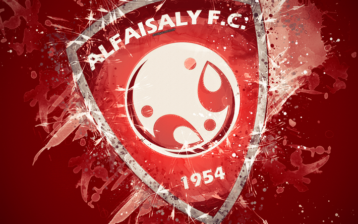 Al-Faisaly FC, 4k, m&#229;la konst, logotyp, kreativa, Saudi Arabian fotboll, Saudi Professionell Liga, emblem, r&#246;d bakgrund, grunge stil, Harma, Saudiarabien, fotboll