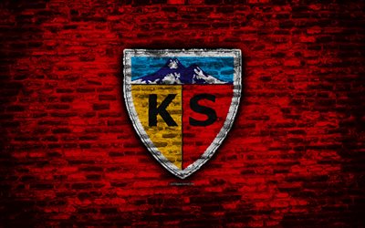 4k, Kayserispor FC, ロゴ, トルコ, レンガの壁, スーパーリーグ, サッカー, サッカークラブ, Kayserispor, レンガの質感, FC Kayserispor