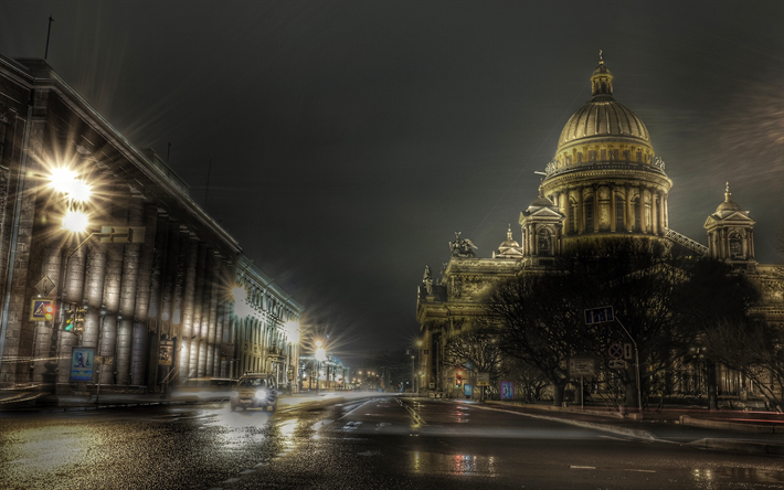 Saint Petersburg, Saint Isaacs Katedrali, İsaakievskiy k&#252;rtaj yasaklanmalı, Rus Ortodoks Katedrali, gece, kilise, Katedral, Ortodoks Kilisesi, Rusya