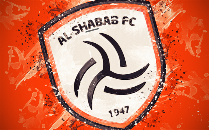 Al-Shabab FC, 4k, a arte de pintura, logo, criativo, A ar&#225;bia saudita e o time de futebol, Ar&#225;bia Liga Profissional, emblema, fundo laranja, o estilo grunge, Riad, A Ar&#225;bia Saudita, futebol