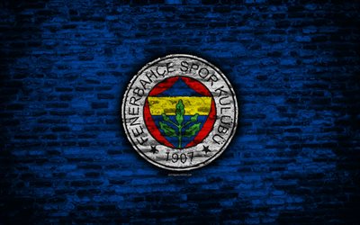 4k, Fenerbahce FC, logo, Turkey, brick wall, Super Lig, soccer, football club, Fenerbahce, brick texture, football, FC Fenerbahce