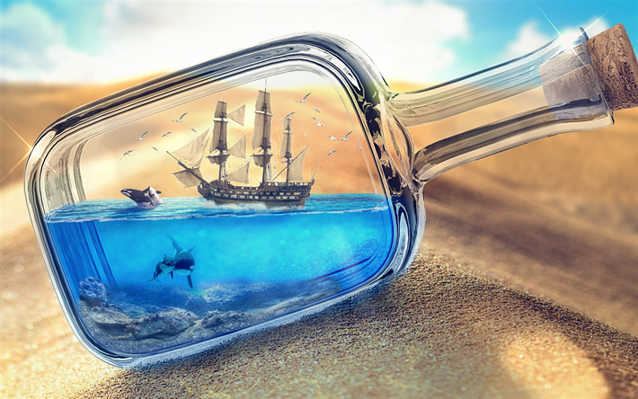 الفنون الإبداعية, زجاجة على الرمال, السفينة داخل زجاجة, الحيتان القاتلة, الفن