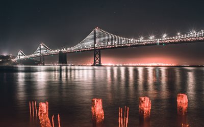 Golden Gate Bridge, 4k, old pier, nightscape, red lights, San Francisco, USA, America
