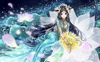 feminino personagens de anime, arte, Mang&#225; japon&#234;s, longo preto de cabelo, green vestido de luxo, flor amarela