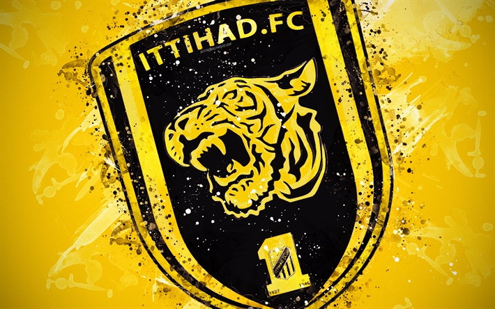 Al-Ittihad Club, 4k, paint taidetta, logo, luova, Saudi-Arabian jalkapallojoukkue, Saudi Professional League, tunnus, keltainen tausta, grunge-tyyliin, Jeddah, Saudi-Arabia, jalkapallo, Al-Ittihad CS