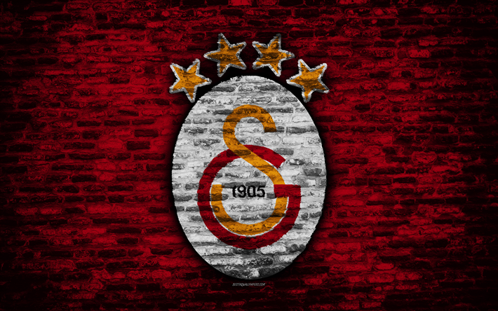 4k, Galatasaray FC, logo, T&#252;rkiye&#39;nin, tuğla duvar, S&#252;per Lig, futbol, futbol kul&#252;b&#252;, Galatasaray, tuğla doku, FC Galatasaray