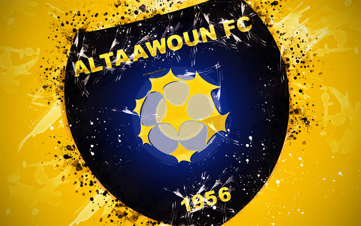 Al-Taawoun FC, 4k, paint taidetta, logo, luova, Saudi-Arabian jalkapallojoukkue, Saudi Professional League, tunnus, keltainen tausta, grunge-tyyliin, Buraydah, Saudi-Arabia, jalkapallo