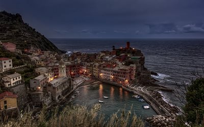 Vernazza, Cinque Terre, night, Mediterranean Sea, coast, seascape, mountains, Spezia, Italy
