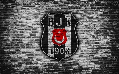 4k, Besiktas FC, logo, Turkey, brick wall, Super Lig, soccer, football club, Besiktas, brick texture, football, FC Besiktas