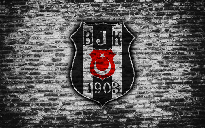 4k, Besiktas FC, logo, A turquia, parede de tijolo, Super Liga, futebol, clube de futebol, Besiktas, textura de tijolos
