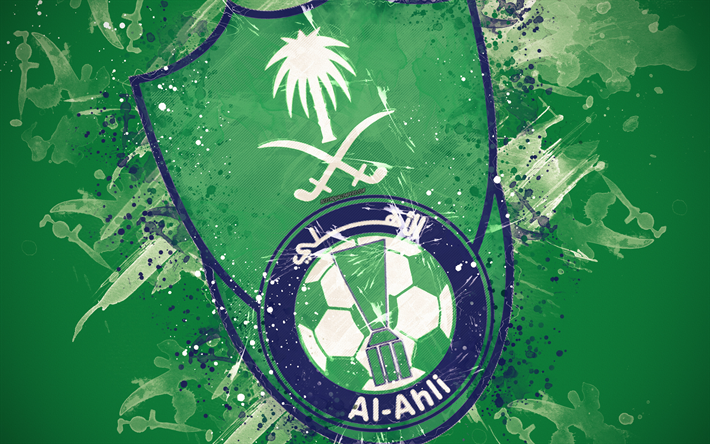 الأهلي السعودي نادي, 4k, الطلاء الفن, شعار, الإبداعية, السعودي لكرة القدم, دوري المحترفين السعودي لكرة القدم, خلفية خضراء, أسلوب الجرونج, جدة, المملكة العربية السعودية, كرة القدم