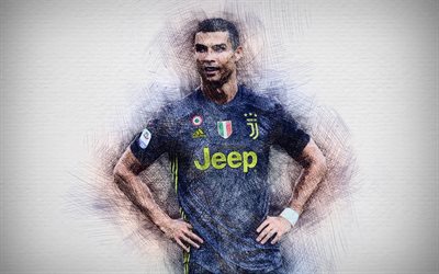 4k, Cristiano Ronaldo, black uniform, football stars, CR7 Juve, Serie A, Juventus, Ronaldo, Bianconeri, soccer, Juve, CR7, artwork, footballers, drawing Cristiano Ronaldo