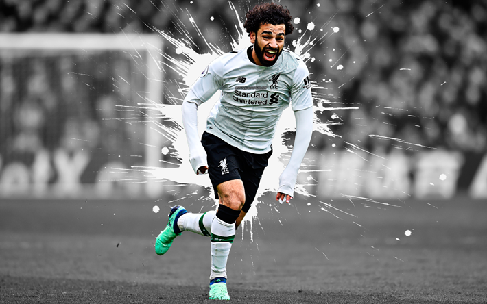 Mohamed Salah, 4k, Liverpool FC, konst, Egyptisk fotboll spelare, vit uniform, vita st&#228;nk av f&#228;rg, grunge konst, kreativ konst, Premier League, England, fotboll