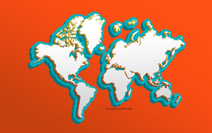 mappa del mondo, 4k, sfondo arancione, mappa del mondo 3d, continenti, concetti di mappa del mondo
