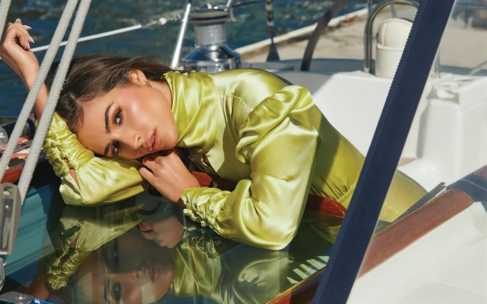 Olivia Culpo, American actress, photo shoot, green dress, beautiful woman, American fashion model, Olivia Culpo on yacht