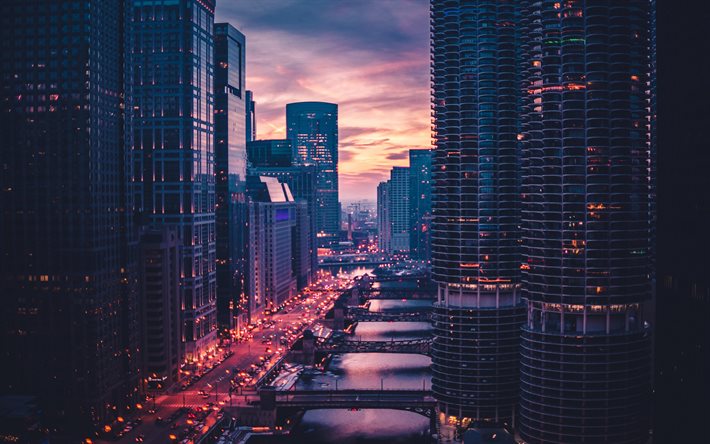 Chicago, sera, tramonto, grattacieli, One Museum Park, 71 South Wacker, edifici moderni, paesaggio urbano di Chicago, Illinois, USA
