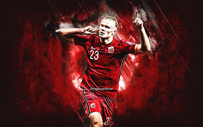 アーリング・ブラウト・ハーランド, ノルウェー代表サッカーチーム, 赤い石の背景, ハーランドアート, ノルウェーのサッカー選手, ノルウェー, フットボール。
