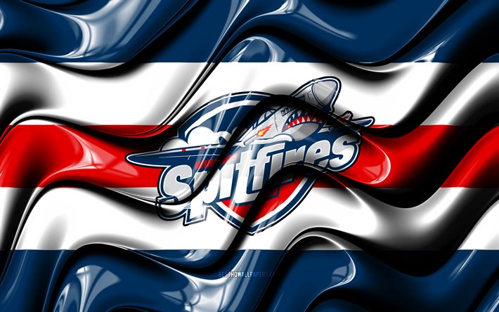 Windsor Spitfires flag, 4k, blue and white 3D waves, OHL, canadian hockey team, Windsor Spitfires logo, hockey, Windsor Spitfires, Canada