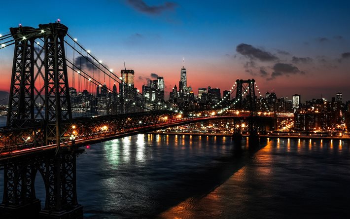 Manhattan Bridge, New York, kväll, solnedgång, Manhattans skyline, skyskrapor, Manhattan, World Trade Center 1, New York skyline, USA, New York stadsbild
