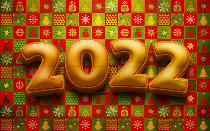 Mutlu Noeller, Yeni Yılınız Kutlu Olsun 2022, 4k, 2022 sarı 3D rakamlar, Noel desenleri, 2022 yeni yıl, yaratıcı, 2022 yılı, Noel arka plan &#252;zerinde 2022, 2022 kavramlar, 2022 yılı rakamları