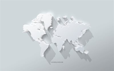Carte du monde, 4k, fond gris, carte du monde 3d blanche, art 3d créatif, concepts de carte du monde, carte du monde 3d