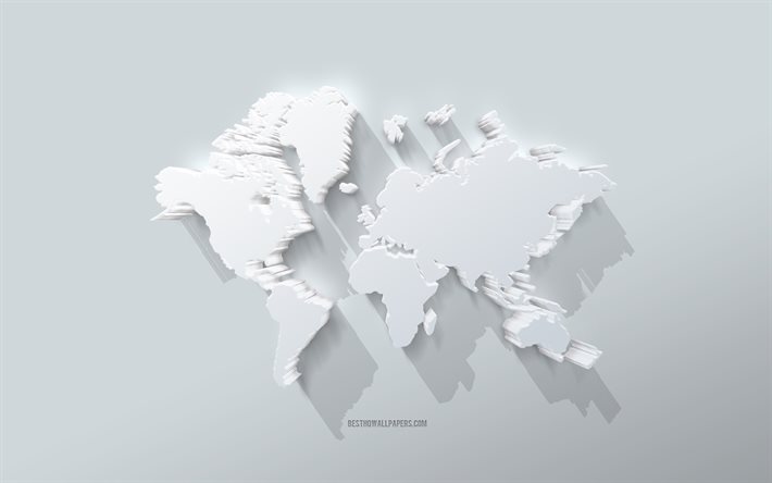 世界地図, 4k, 灰色の背景, 白い3D世界地図, クリエイティブな3Dアート, 世界地図の概念, ワールドマップ