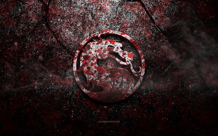 Logo di Mortal Kombat, arte del grunge, logo di pietra di Mortal Kombat, struttura di pietra rossa, Mortal Kombat, struttura di pietra di grunge, emblema di Mortal Kombat, logo 3d di Mortal Kombat