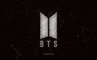 BTS glitter logo, 4k, black background, BTS logo, white glitter art, BTS, creative art, BTS white glitter logo, Bangtan Boys