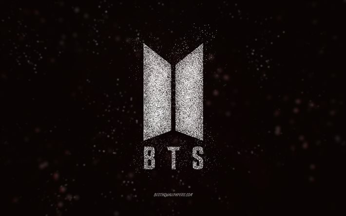 BTS glitter logo, 4k, black background, BTS logo, white glitter art, BTS, creative art, BTS white glitter logo, Bangtan Boys