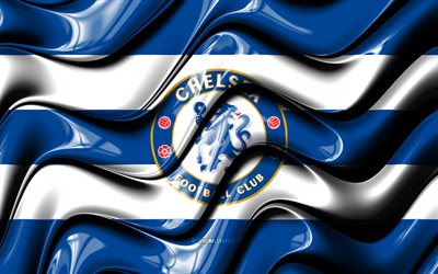 Chelsea bayrağı, 4k, mavi ve beyaz 3D dalgalar, Premier Lig, İngiliz Futbol Kulübü, futbol, Chelsea logosu, Chelsea FC