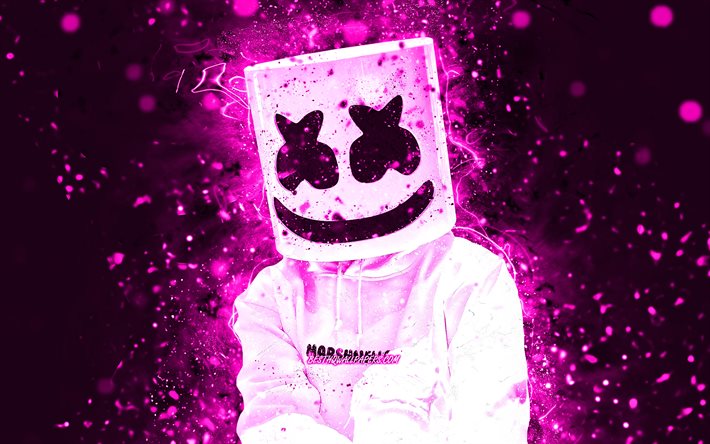 DJ Marshmello, violetit neonvalot, Christopher Comstock, 4k, amerikkalainen DJ, supert&#228;hdet, musiikkit&#228;hdet, Marshmello 4K, violetit abstraktit taustat, Marshmello, DJ: t