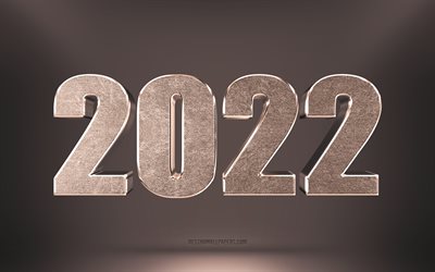 2022 neujahr, 4k, 3d bronzebuchstaben, frohes neues jahr 2022, 2022 bronzehintergrund, 2022 konzepte, 3d 2022 brauner hintergrund, 2022 gru&#223;karte