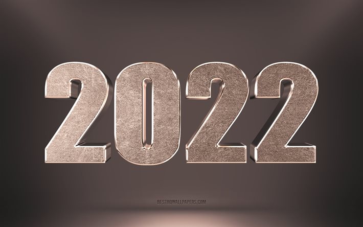 A&#241;o nuevo 2022, 4k, letras de bronce 3d, Feliz a&#241;o nuevo 2022, fondo de bronce 2022, conceptos 2022, fondo marr&#243;n 3d 2022, tarjeta de felicitaci&#243;n 2022