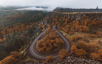 秋, 山々, アスファルト道路, 森林, 山の風景