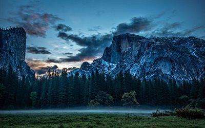 El Parque Nacional de Yosemite, en estados unidos, la niebla, la noche, las monta&#241;as, estados UNIDOS