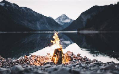 bonfire, flame, mountains, lake, beach, fire, mountain lake, hiking