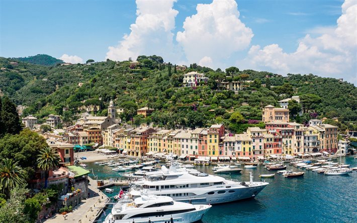 bay, boat, beach, coast, Portofino, Liguria, Italy, Mediterranean Sea