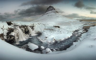 winter, snow, waterfall, river, mountain, Iceland