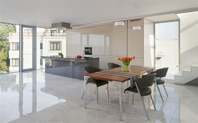 kitchen stylish interior design, modern stylish interior, white marble kitchen floor, white glossy kitchen furniture, kitchen project