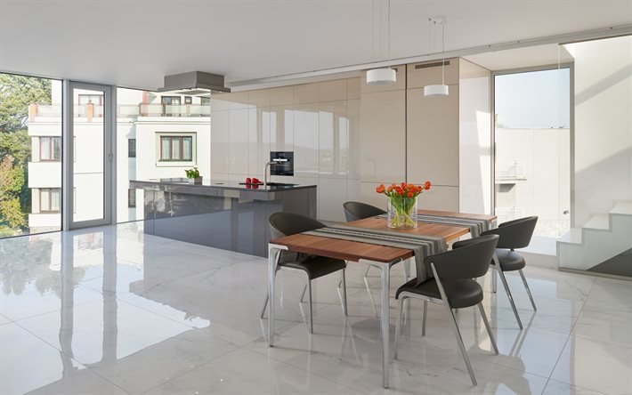 cucina elegante interior design, interni moderni ed eleganti, pavimento cucina in marmo bianco, mobili da cucina lucido bianco, progetto cucina