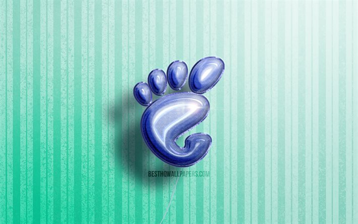 4k, Gnome3Dロゴ, 青いリアルな風船, Linux, Gnomeロゴ, 青い木製の背景, GNOME