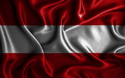Drapeau autrichien, 4k, drapeaux ondul&#233;s de soie, pays europ&#233;ens, symboles nationaux, drapeau de l’Autriche, drapeaux de tissu, indicateur d’Autriche, art 3D, Autriche, Europe, indicateur 3D d’Autriche