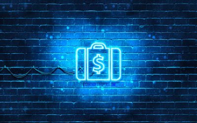 Case with money neon icon, 4k, blue background, neon symbols, Case with money, neon icons, Case with money sign, financial signs, Case with money icon, financial icons