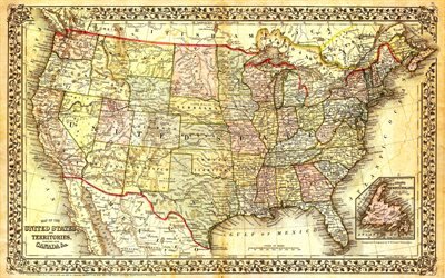 vanha amerikkalainen kartta, 4k, USA kartta, vanha paperi rakenne, Yhdysvaltain kartta, taideteos, kartta USA, Paper USA Map, Amerikan kartta, Yhdysvallat
